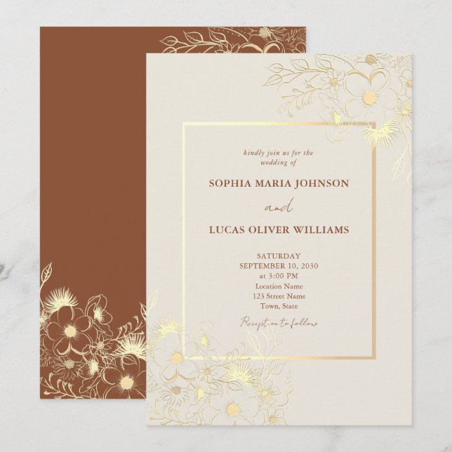 Vintage Boho Wildflowers Gold Wedding Invitation (Front/Back)