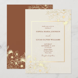 Vintage Boho Wildflowers Gold Wedding Invitation