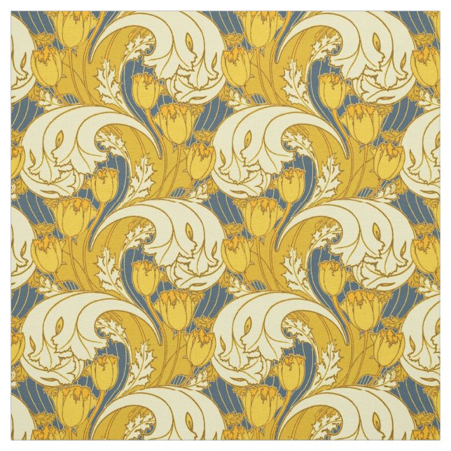 Vintage Bold Tulip Blue Gold Pattern Fabric (Swatch)