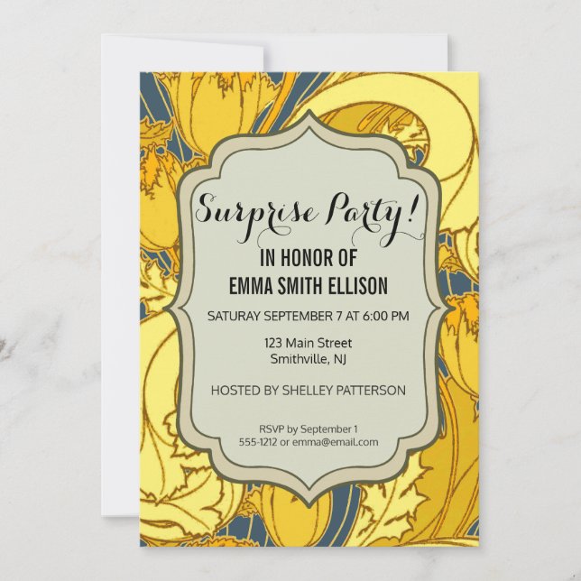 Vintage Bold Tulip Blue Gold Pattern Invitation (Front)