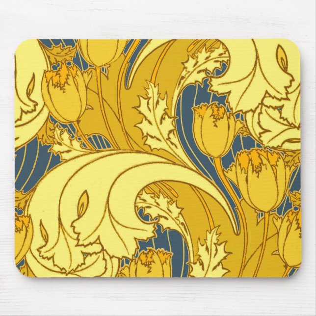 Vintage Bold Tulip Blue Gold Pattern Mouse Mat (Front)