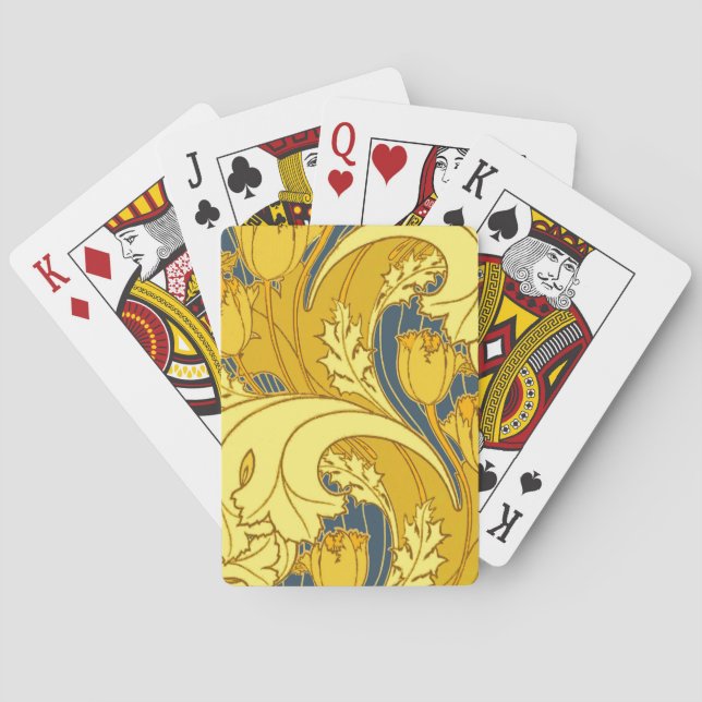 Vintage Bold Tulip Blue Gold Pattern Playing Cards (Back)