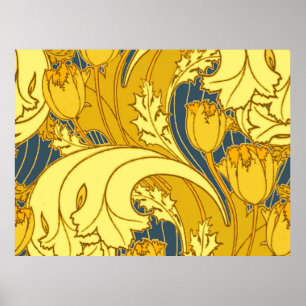 Vintage Bold Tulip Blue Gold Pattern Poster