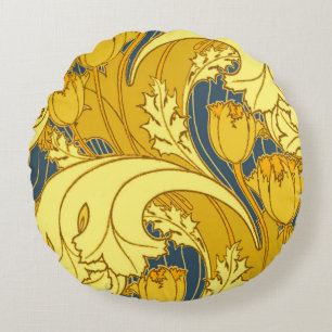 Vintage Bold Tulip Blue Gold Pattern Round Cushion