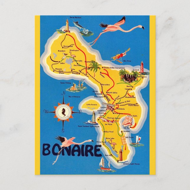 Vintage Bonaire Illustrated Map Postcard (Front)