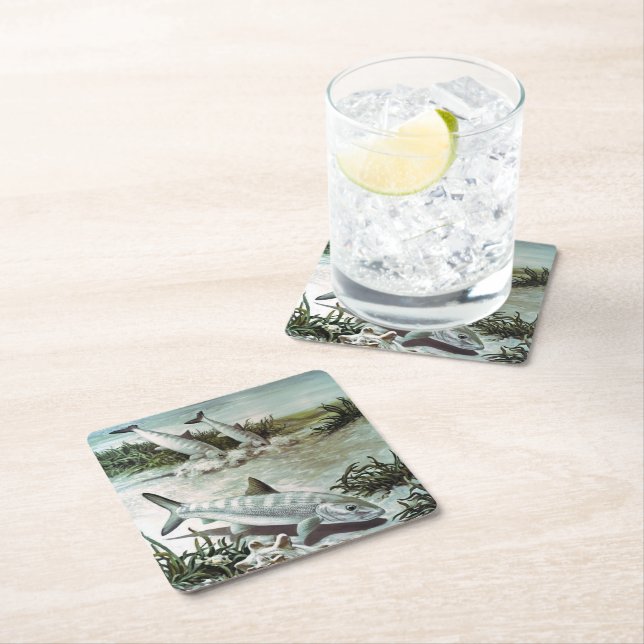 Vintage Bonefish Underwater Scene Square Paper Coaster (Insitu)
