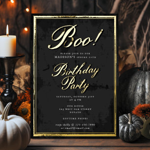 Vintage Boo! Script Frame Halloween Party Gold Foil Holiday Card