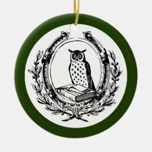 Vintage Book Bookplate Owl Teacher Christmas Green Ceramic Tree Decoration