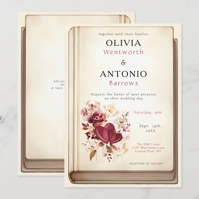 Vintage Book Cover Elegant Romantic Wedding Invitation (Front/Back)