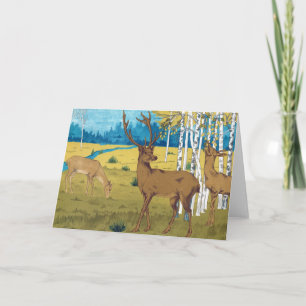 Vintage Book Deer in Woods with Birch Trees Card
