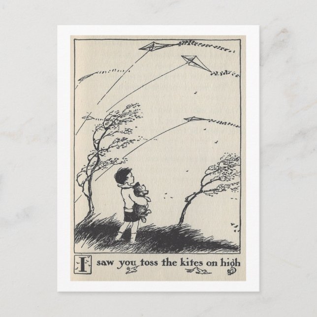 Vintage Book Illustration Boy with Kites Postcard (Front)