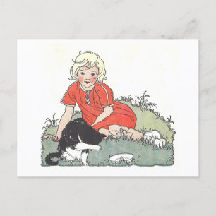 Vintage Book Illustration Girl with Cat Postcard