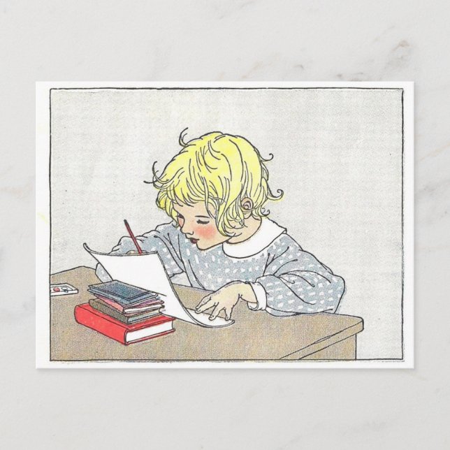 Vintage Book Illustration Girl Writing a Letter Postcard (Front)