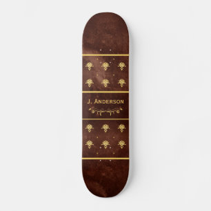 Vintage Book Leather Brown and Gold Damask Pattern Skateboard