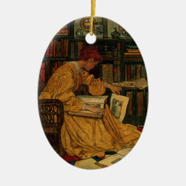 Vintage Book Lover Art Print | Art Nouveau Woman  Ceramic Tree Decoration (Front)