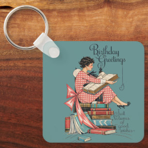 Vintage Book Lover Birthday Illustration Key Ring