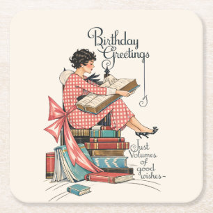 Vintage Book Lover Birthday Illustration Square Paper Coaster