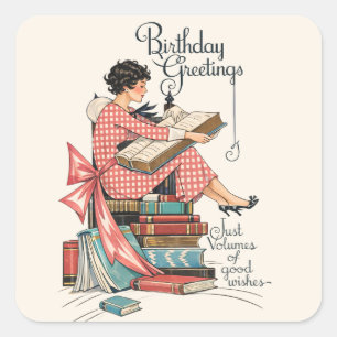 Vintage Book Lover Birthday Illustration Square Sticker