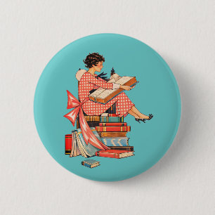 Vintage Book Lover Reading Illustration 6 Cm Round Badge