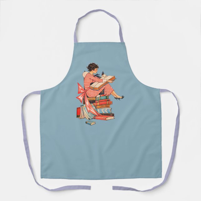 Vintage Book Lover Reading Illustration Apron (Front)