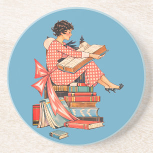 Vintage Book Lover Reading Illustration Coaster
