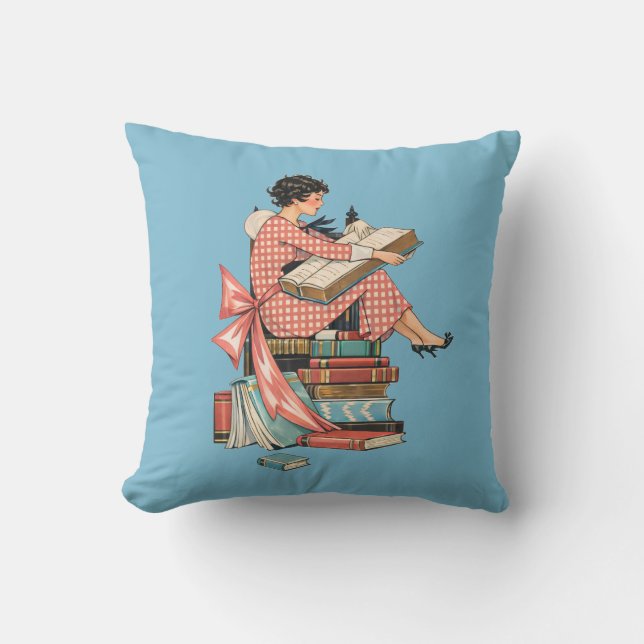 Vintage Book Lover Reading Illustration Cushion (Front)