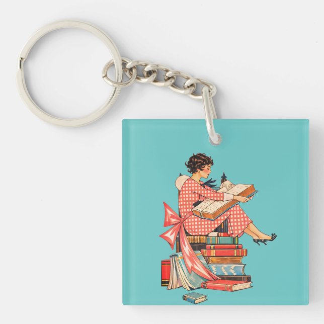 Vintage Book Lover Reading Illustration Key Ring (Front)