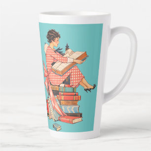 Vintage Book Lover Reading Illustration Latte Mug
