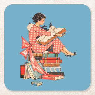Vintage Book Lover Reading Illustration Square Paper Coaster