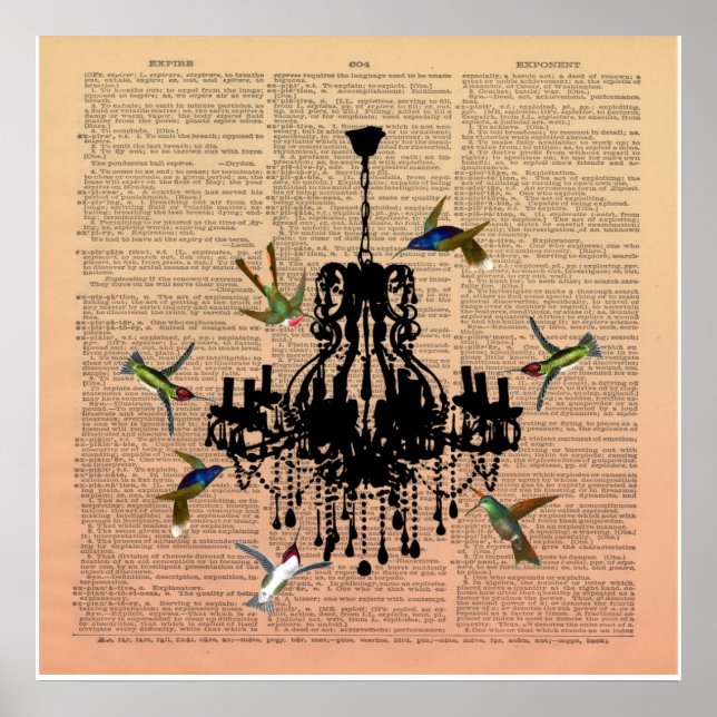 Vintage Book Page Hummingbird Chandelier Poster (Front)