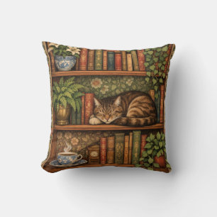 Vintage book shelf with cat and coffee cushion
