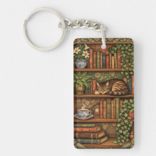 Vintage book shelf with cat and coffee key ring