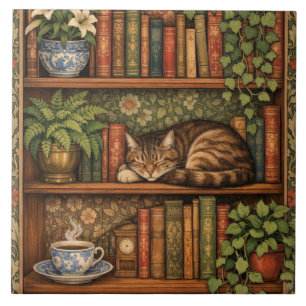 Vintage book shelf with cat and coffee tile