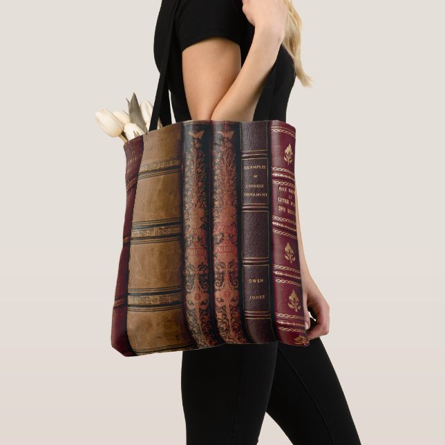 Vintage Book Spines Tote Bag (Close Up)