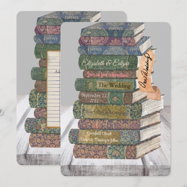 Vintage book stack Painted Wedding Invitations (Front/Back)