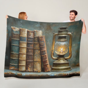 Vintage Book Stack Painting Antique Library Wall Fleece Blanket