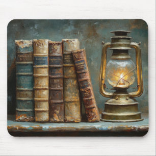 Vintage Book Stack Painting Antique Library Wall Mouse Mat