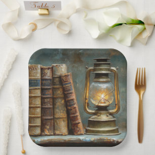 Vintage Book Stack Painting Antique Library Wall Paper Plate