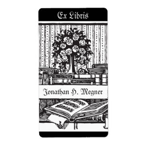 Vintage bookplate music, tree, books