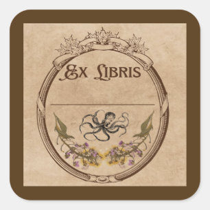 Vintage Bookplate with Octopus Square Sticker