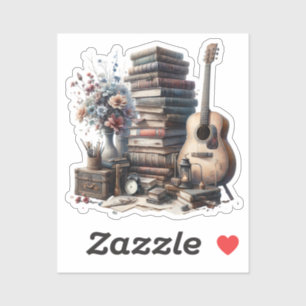 Vintage Books, Acoustic Guitar and Vase of Flowers