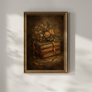 Vintage Books and Autumn Flowers Poster