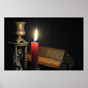 Vintage books and hourglass on dark background poster