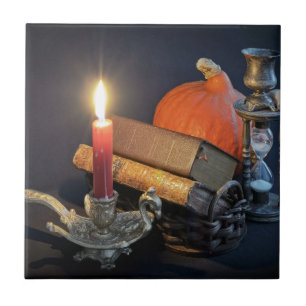 Vintage books and hourglass tile