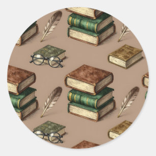 Vintage Books Feathers Glasses Pattern Classic Round Sticker