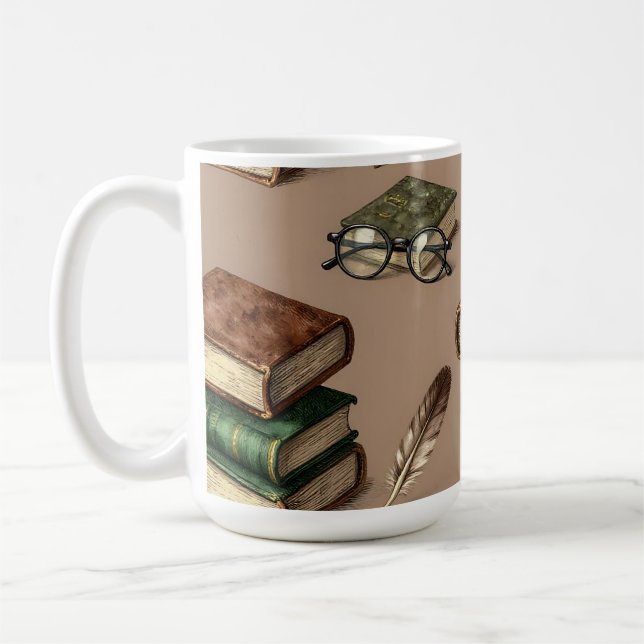 Vintage Books Feathers Glasses Pattern Coffee Mug (Left)