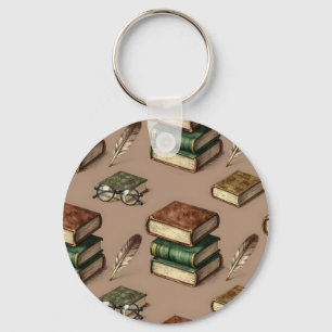 Vintage Books Feathers Glasses Pattern Key Ring