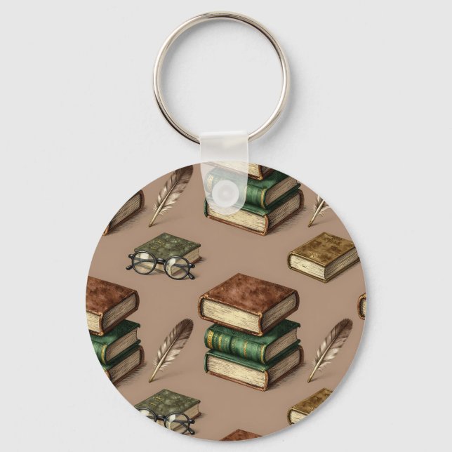 Vintage Books Feathers Glasses Pattern Key Ring (Front)
