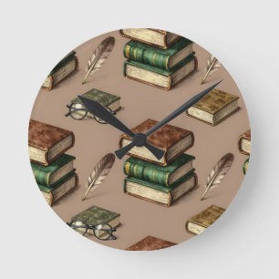 Vintage Books Feathers Glasses Pattern Round Clock