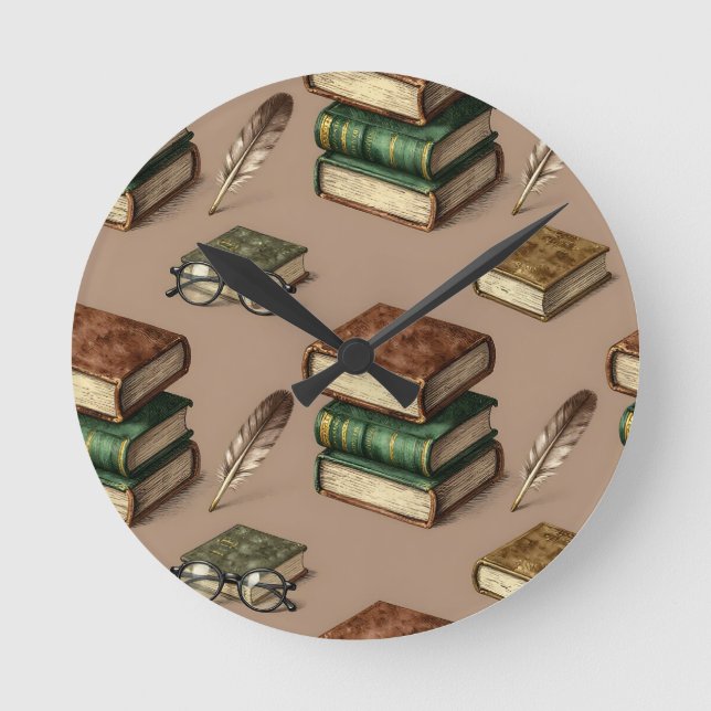 Vintage Books Feathers Glasses Pattern Round Clock (Front)